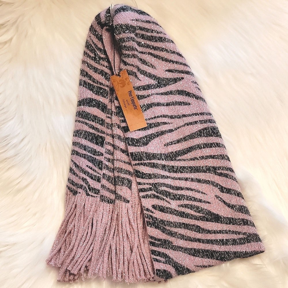 🌴 NWT Pier 1 Imports Pink And Black Zebra Print Reversible Scarf With Fringe